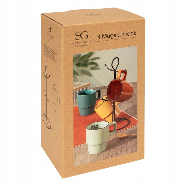 ZESTAW 4 CERAMICZNYCH KUBKÓW 250 ML RÓŻNE KOLORY + METALOWY STOJAK Linia BE VINTAGE