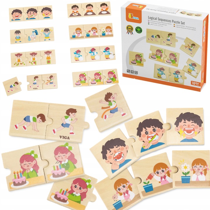 VIGA ZESTAW DREWNIANE PUZZLE UKŁADANKA MONTESSORI DOPASUJ CIĄG CZYNNOŚCI