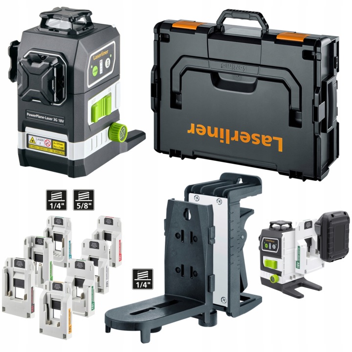 Křížový laser 360° 8G zelený 7x adaptér 18V Bosch, Makita L-boxx