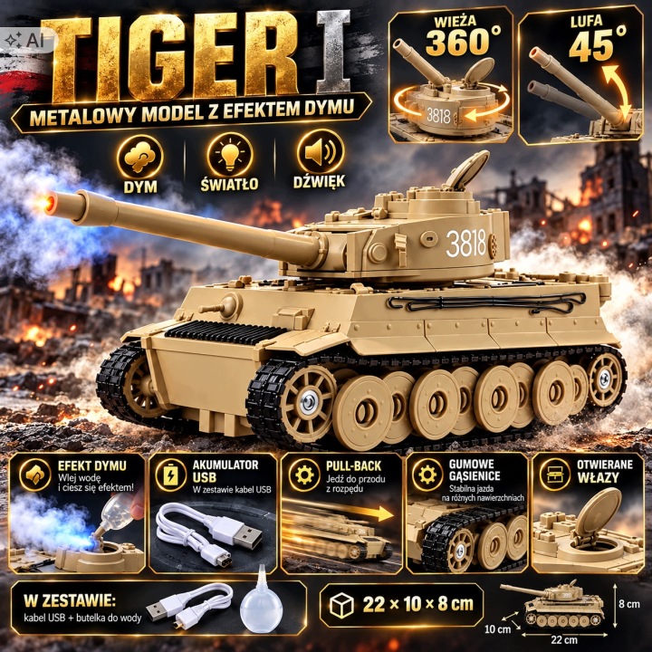 Танк TIGER і 1:32 тигр німецький XHD A3521 дим світло звук метал 22 см — фото 2