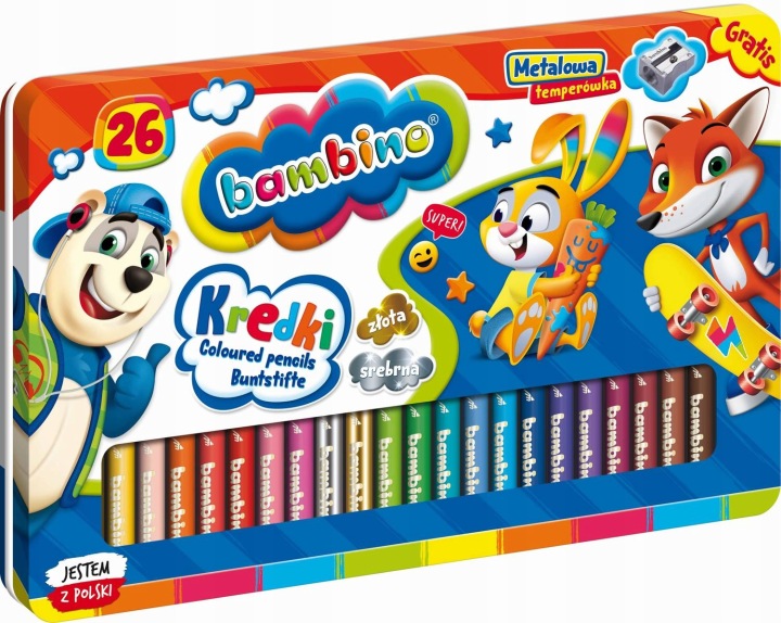 Bambino олівці 26 кольорів дерев'яні, товсті +точилка, в металевій коробці