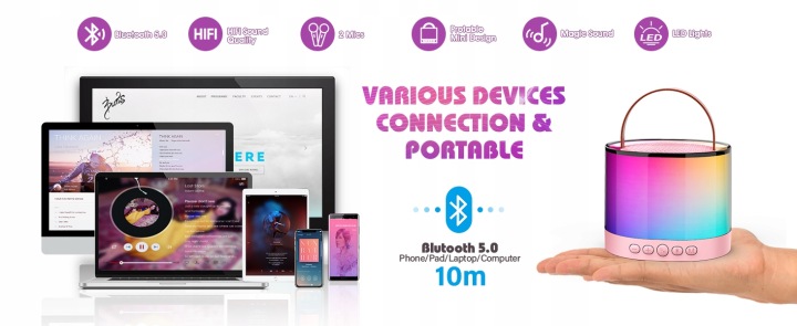 Портативна колонка караоке RGB 2 мікрофони USB SD міні JACK BLUETOOTH — фото 3