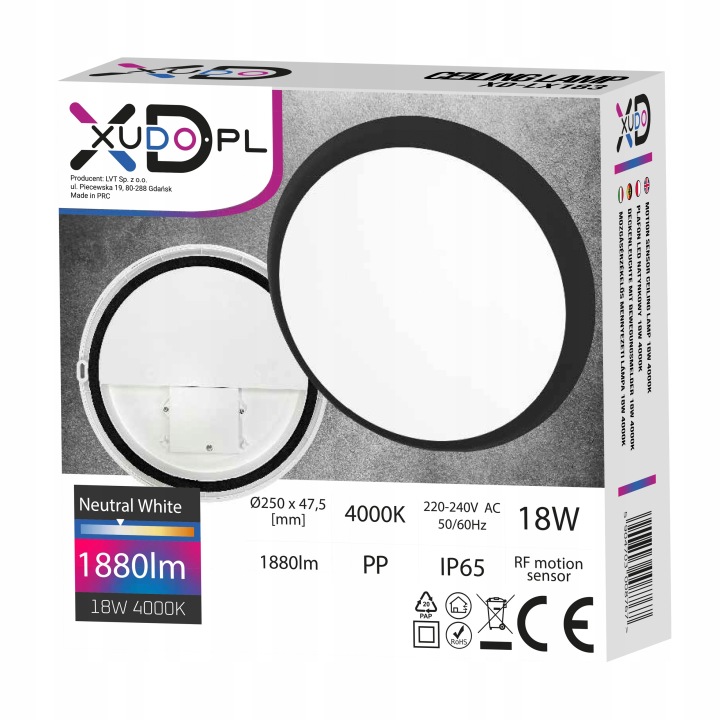Stropní Svítidlo Led Stropní svítidlo s senzorem 18W 4000K neutrální bílá IP65