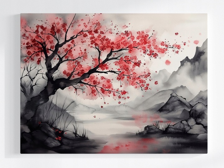 Plakát Asie Hory Jezero Dřevo Višeň Sakura Zen 100x75