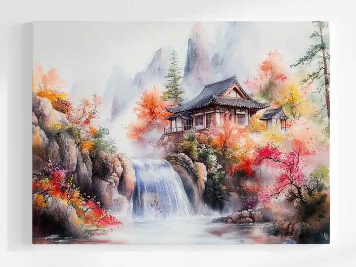 Plakát Krajina Orient Asie Japonsko Hory Vodopád Dům 100x75