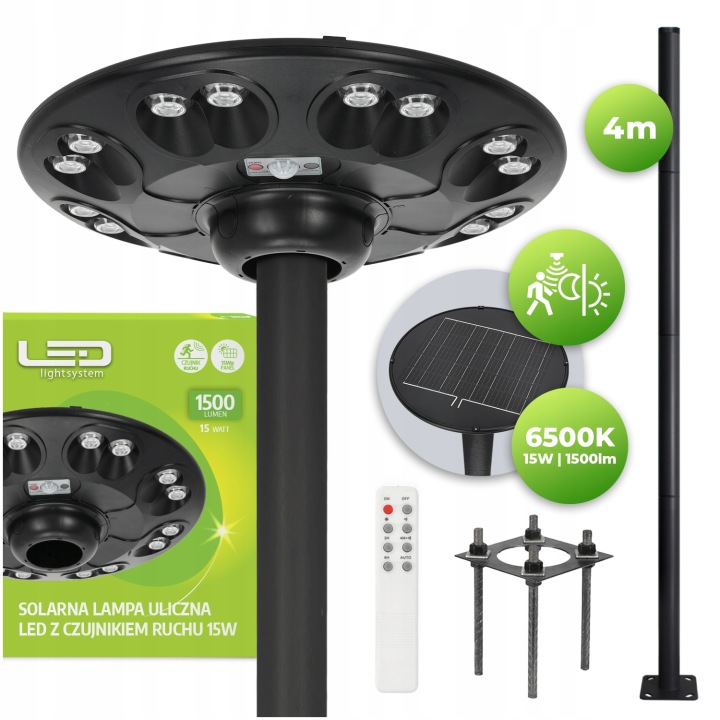 Led pouliční lampa Solární svítidlo 15W Snímač pohybu 6500k Sloup 4m