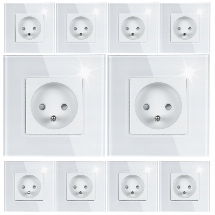 10x Bílá Elektrická Zásuvka Jednoduchý Skleněný Panel Kolík Uzemnění