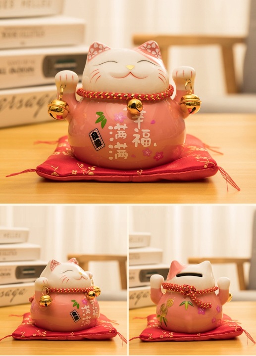 PORCELAIN KITTEN PIGGY BANK JAPANESE CAT HAPPINESS Packaging status original