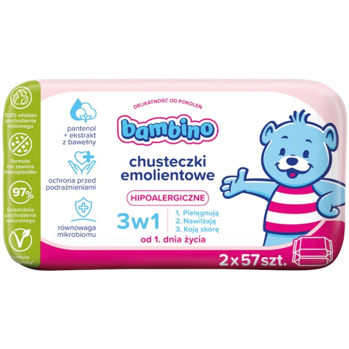 BAMBINO 3 в 1 Серветки емолентне гіпоалергенні для немовлят 2x57 шт.
