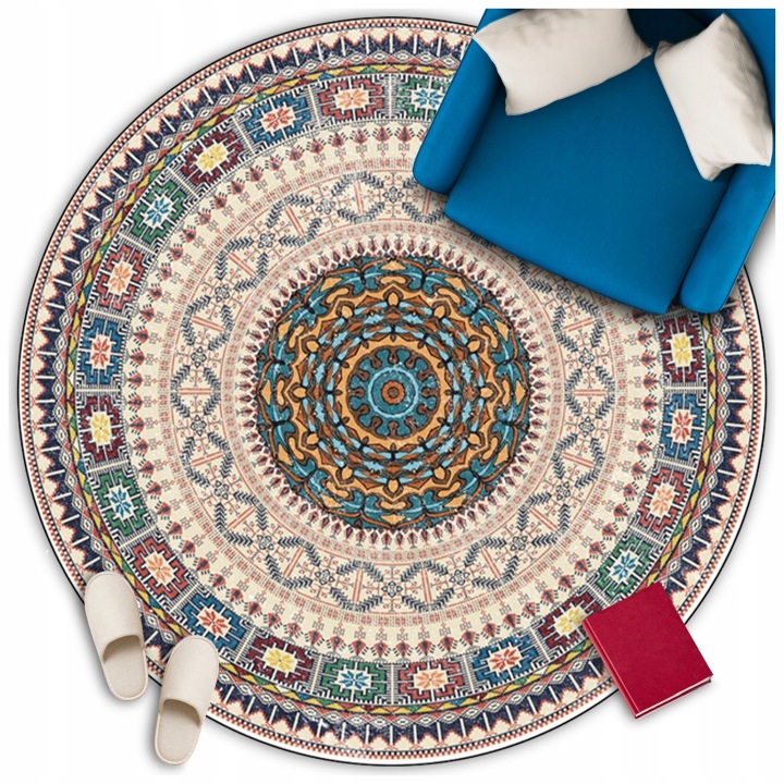 Koberec Vintage Kulatý S Retro Vzory Styl Boho Protiskluzový 120x120 CM