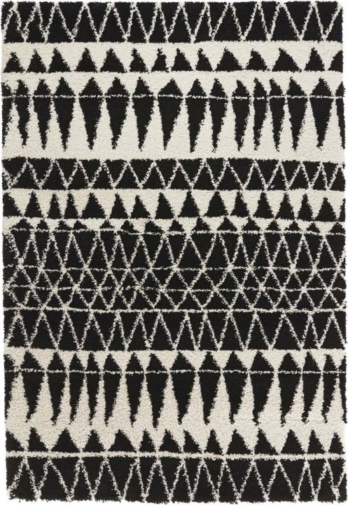 Černo krémový koberec do obývacího pokoje, silný koberec typu shaggy, boho vzor 80x150 cm