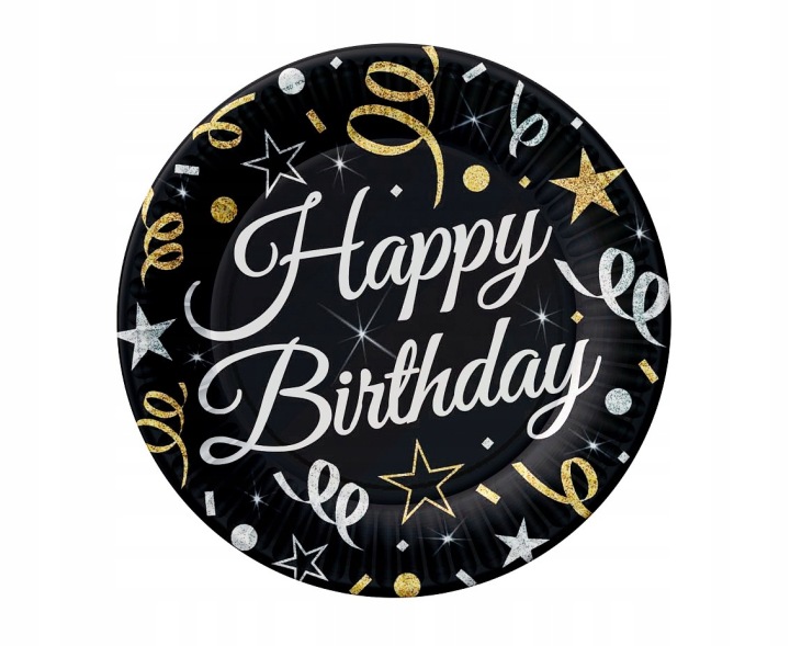 Тарілочки GoDan чорні happy birthday 18 см 6 шт.