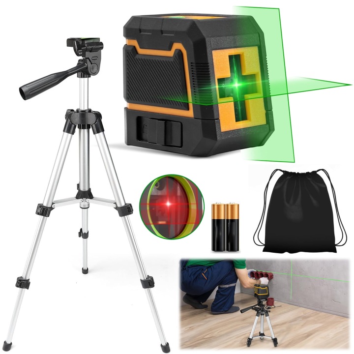 Křížový Laser Laserová Vodováha Hliníkový Stativ 4D Zelený 2XAKU IP54