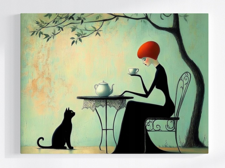 Plakát Grafika Kavárna Žena Kočka Káva Vintage 100x75