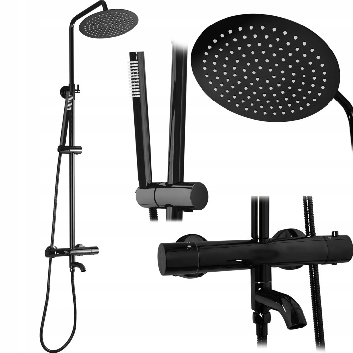Sprchový Set na stěnu s termostatem a výtokem Lungo, černá, metalická
