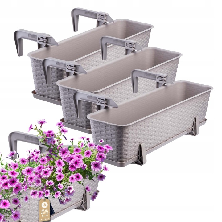 3x Balkonový Truhlík Květináč 60 cm Držáky