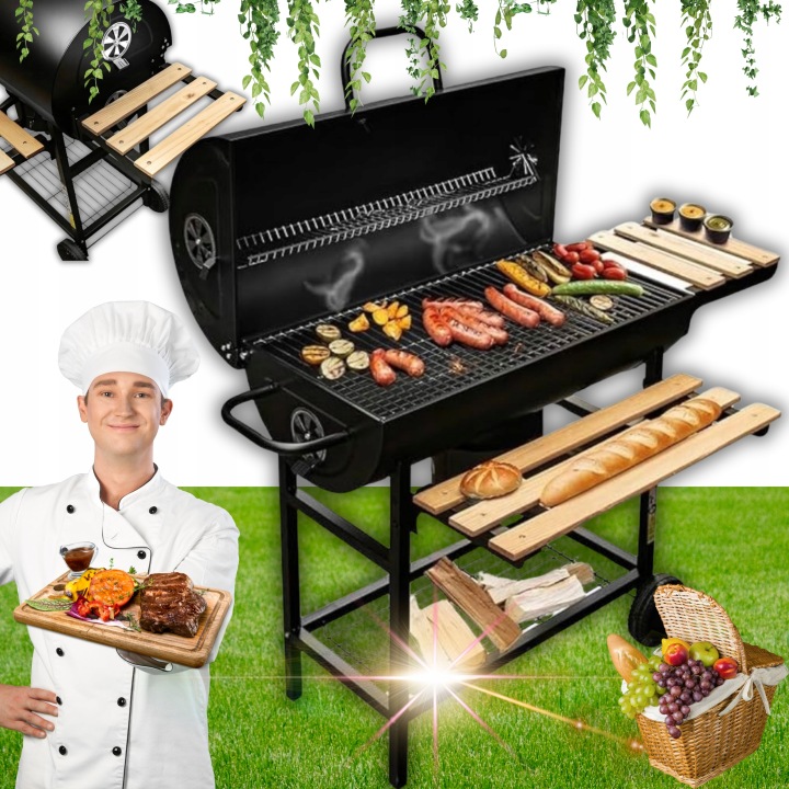 Zahradní Gril Na Dřevěné Uhlí Premium Turistický Chromovaný Rošt Kolečka Police Bbq