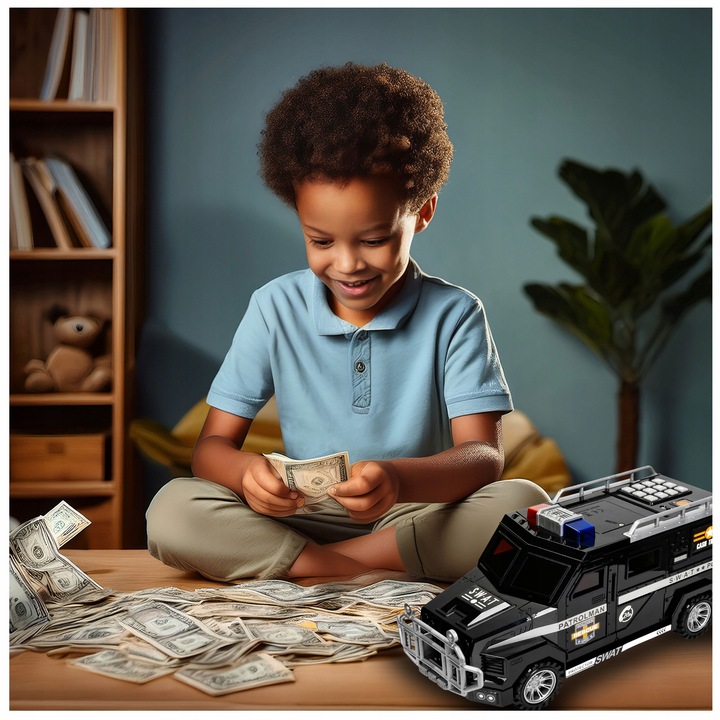 PIGGY BANK SAFE FOR CHILDREN POLICE AUTO FOR COINS BANKNOTES PASSWORD PIN LED Packaging status original