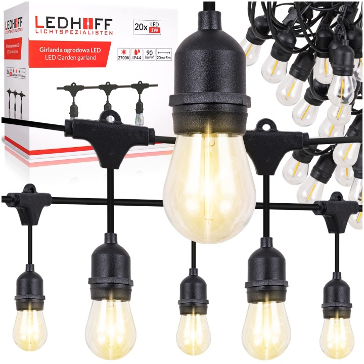 Zahradní Led girlanda 25 m 20 x Žárovka Lampičky na Terasa Balkon Filament IP44