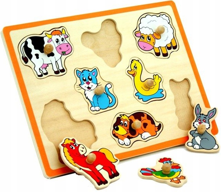 PUZZLE DREWNIANE PINEZKI UCHWYTY VIGA UKŁADANKA FARMA ZWIERZĘTA 8el. 18M+