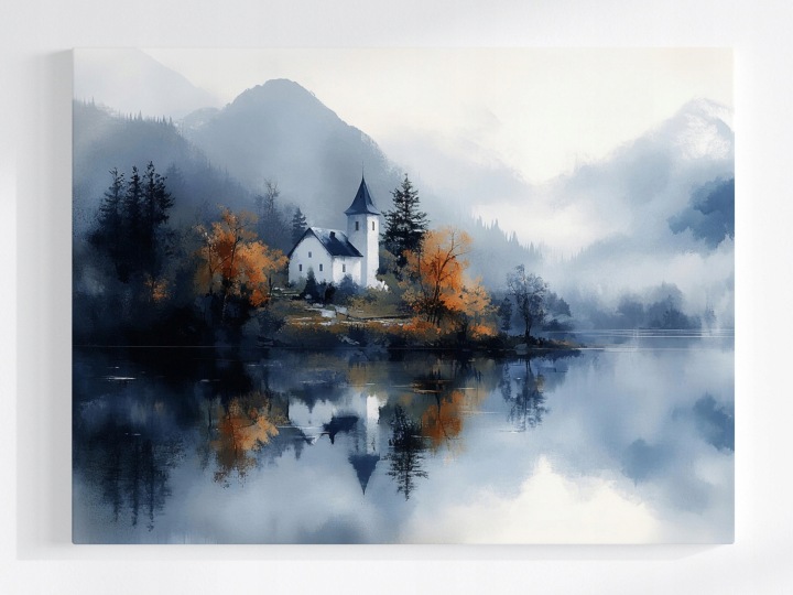 Plakát Krajina Hory Jezero Kostel Podzim Les Mlha 100x75