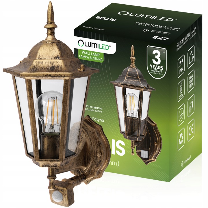 Zahradní nástěnné svítidlo s detektorem pohybu Lampa zlatá venkovní nástěnná E27
