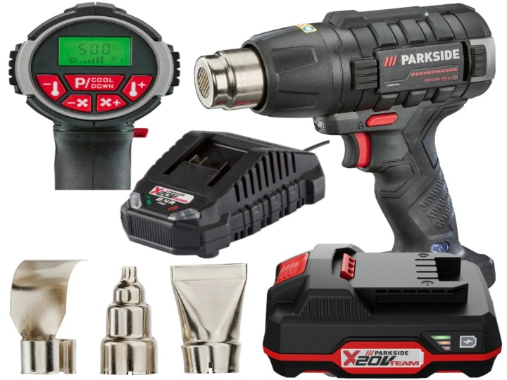 Horkovzdušná Pistole 20V Parkside Performance 50-500°C Aku Nabíječka Sada