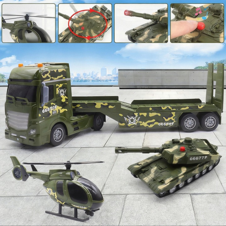 ZESTAW POJAZD WOJSKOWY 3 в 1 вантажівка TANK гелікоптер вогні і звуки