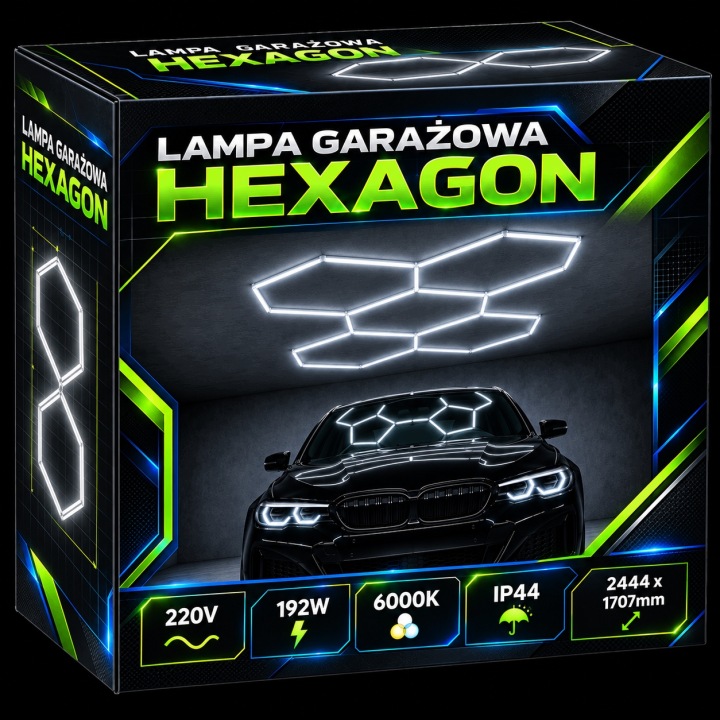 Led lampa Hexagon 192W 6500K Stropní garáž Dílna Detailing 244x171cm