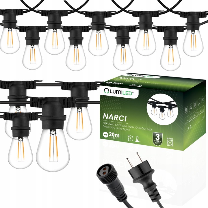 Venkovní zahradní girlanda Světelný řetěz Ozdobný 20x Led Žárovka 20 m