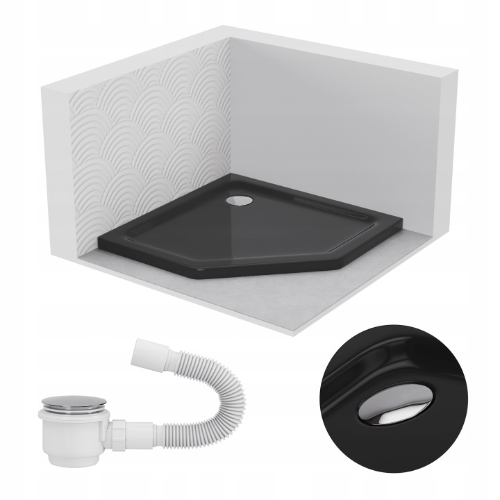 Sprchová Vanička Pětiúhelníková 80x80 Slim Nízká 5 CM Černá Sifon