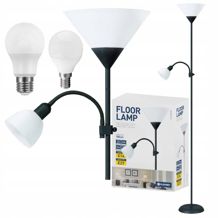 Podlahová lampa černá 180 cm E27/E14 2-světelné body, žárovky součástí balení