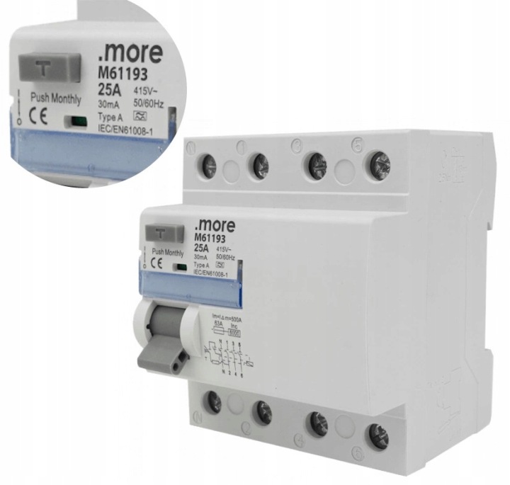 Diferenciální proudový spínač Typ A 6kA 4P 25A 30mA 415V na lištu Ecolight
