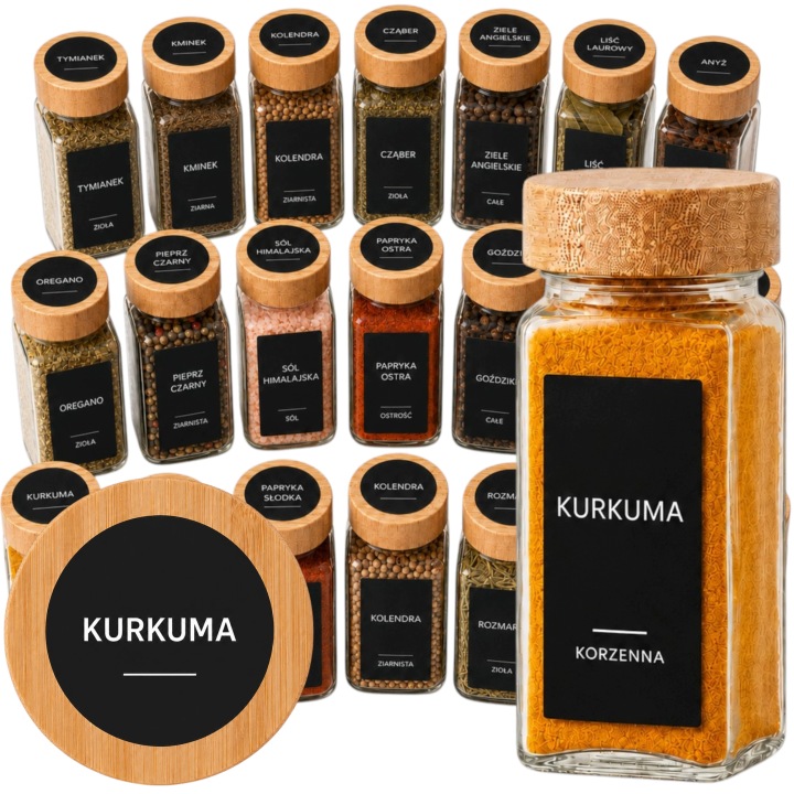 Sklenice na koření 24 ks 120 ml skleněné s cedníkem 169 samolepek koření