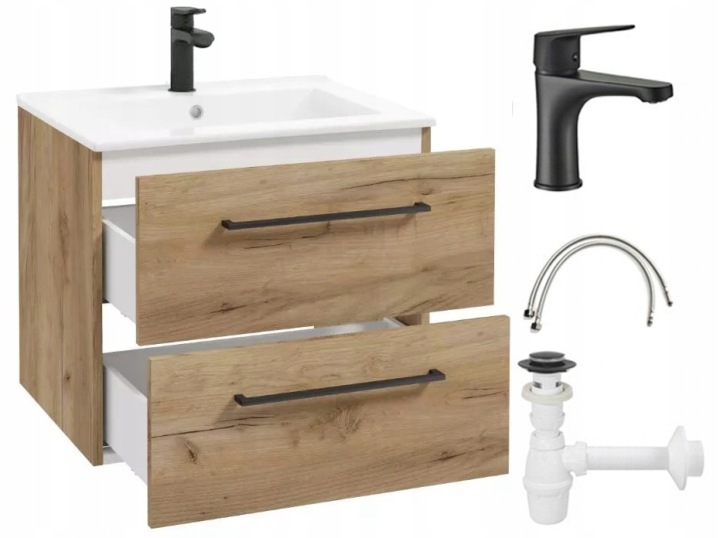 Koupelnová skříňka s závěsným umyvadlem 50 cm dub craft s baterií a sifonem