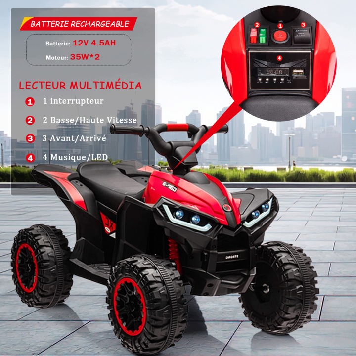 3-6 км/год Електричний Quad Велосипед для дітей, 2 двигуни, Світло LED, Музика, Червоний — фото 3