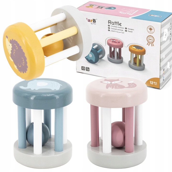 DREWNIANA GRZECHOTKA SENSORYCZNA ZE ZWIERZĄTKIEM PIŁKA PIŁECZKA VIGA POLARB