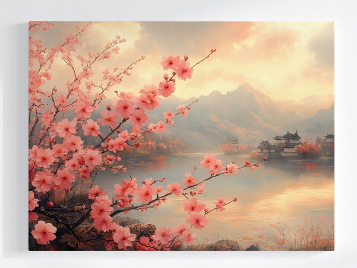 Plakát Krajina Pagoda Dřevo Květy Višeň Sakura 100x75