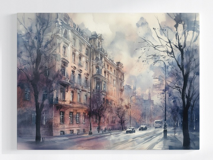 Plakát Akvarel Město Ulice Kamínky Stromy 100x75