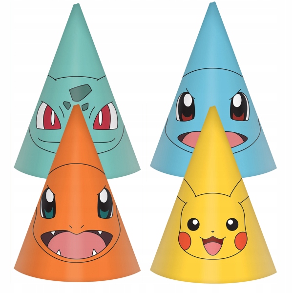 Шапочки на день народження Pokemon Pikachu за ліцензією 16 см, 8 шт.