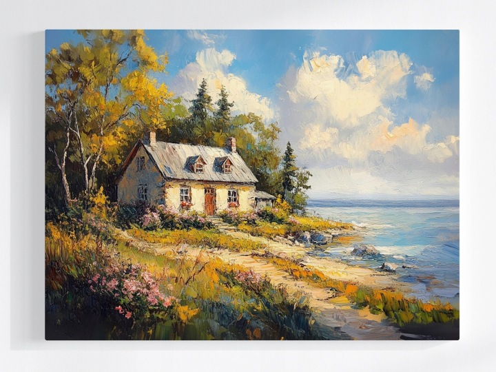 Plakát Krajina Dům Moře Pobřeží Pláž Květiny Hygge 100x75
