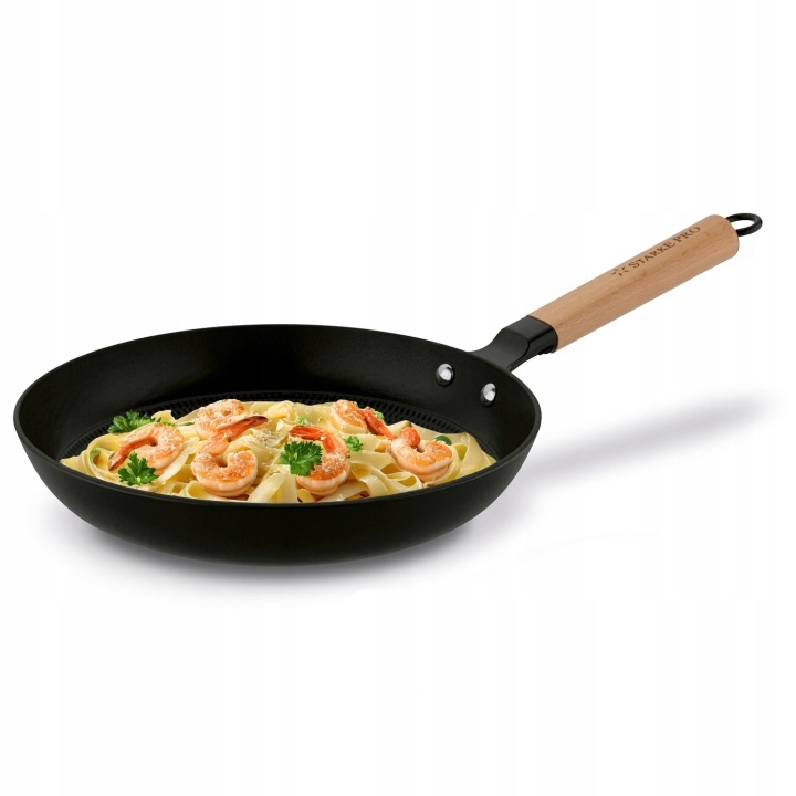 Velká smaltovaná litinová pánev s dřevěnou rukojetí, 28 cm