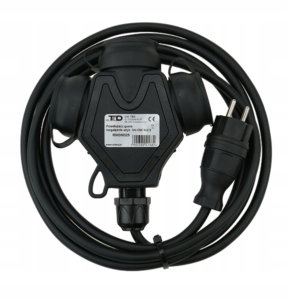 T-rozdělovač Prodlužovací Kabel Stavební Gumový 250V 16A 3 Metry 3 X 2,5MM IP44