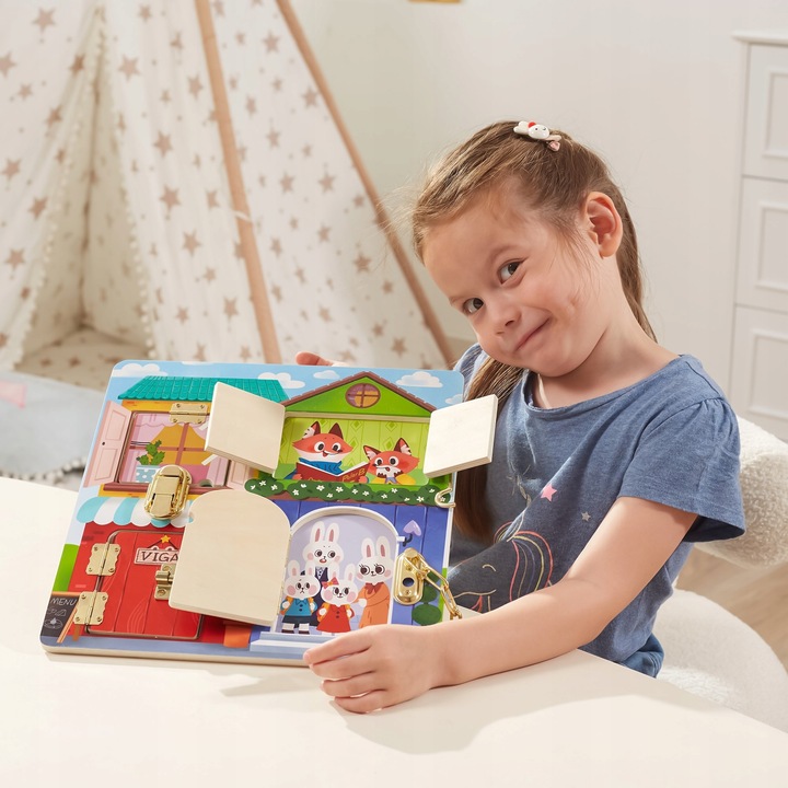 Viga DREWNIANA TABLICA MANIPULACYJNA ZAMEK I ZATRZASK DOM MONTESSORI Marka Viga