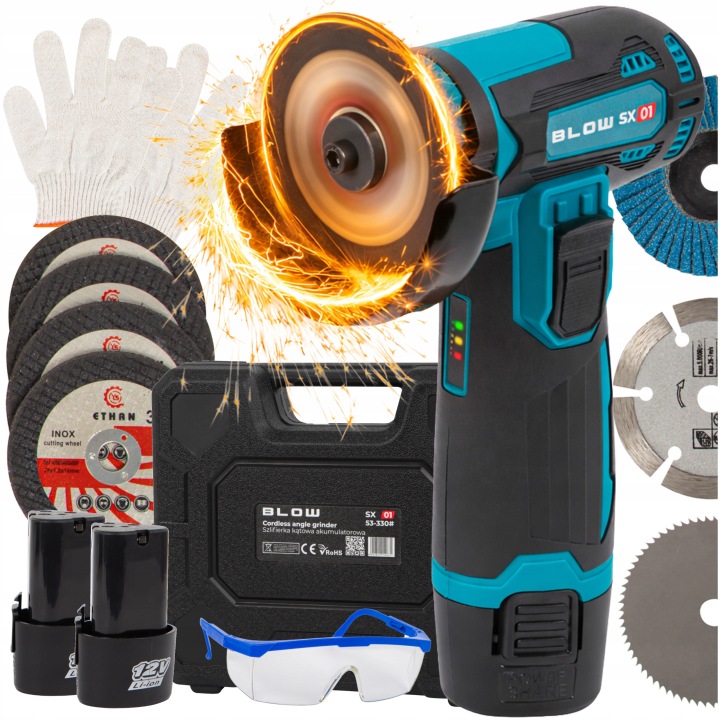 Úhlová Bruska Akumulátorová 900W 12V 19500 Rpm 7x Kotouč 2x Aku Kufr