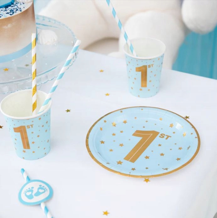 Тарілочки паперові блакитні золоті рочок 1 день народження 1ST BIRTHDAY 6 шт. 18 см — фото 3