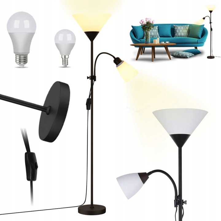 Stojací Lampa Na Čtení Noční Lampa 2V1 E27 12W 3000K Černá