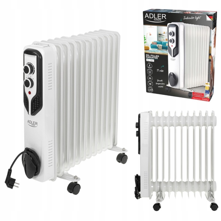 Adler Olejový radiátor 11 žeber Oleják 2500W Bílý termostat na kolečkách