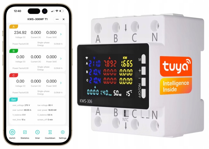 Třífázový elektroměr Měří Watty WiFi Tuya relé 80A LCD Din