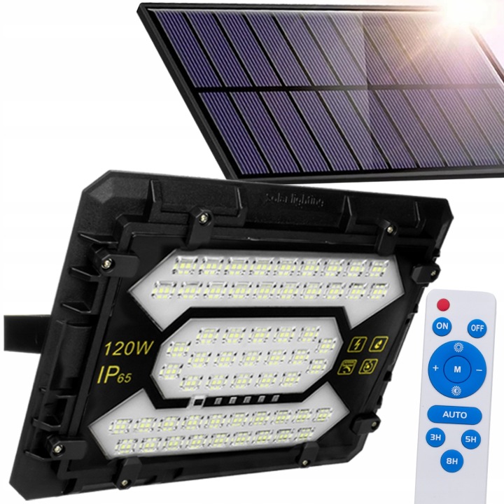 Solární Led halogenový zářič 120W Venkovní lampa Vodotěsná +Dálkový Ovladač